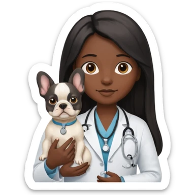 joven médico con el pelo un poco largo pero no tanto y lacio, que tenga un estetoscopio de color de piel tez negra calida !!! que sostiene un bulldog francés blanco sticker