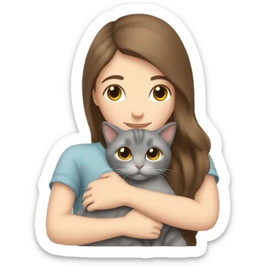  Brown hair white girl hug grey cat sticker