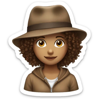 girl with brown curly hair, brown eyes, this hat 🎓 and next to it this animal 🐆 sticker