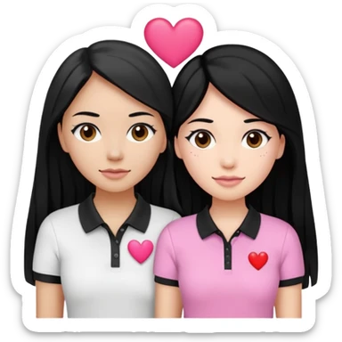 Dos mujeres juntas que una sea de color trigueña y de color blanca, cabello largo negro sea la de piel blanca y la de piel trigueña cabello castaño raya en medio, tengan polo blanco y negro y tengan un corazon rosado arriba sticker