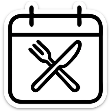 minimalistic bold black-and-white icon, square, flat, no gradients, calendar outline with a fork and knife crossed inside, modern geometric lines, inspired by Netflix and Lifesum, no background, vector style, suitable for dark and light mode sticker