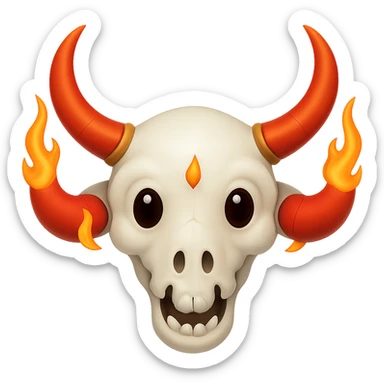 Make the white bull skull with bright red-orange flaming horns look less scary, give it a friendly and approachable expression, keep the style consistent. Remove the background. sticker