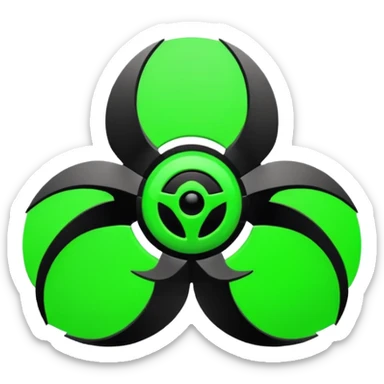 Minimalist emoji-style sticker of a fractured biohazard symbol with a small eye in the center. Stylized, geometric, no text.
 sticker