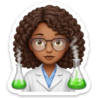 bratz doll with long loose curly dark brown hair, glasses that are round cat eye vibes, in a lab coat mixing beakers that glow shes a 4th grade girl sticker