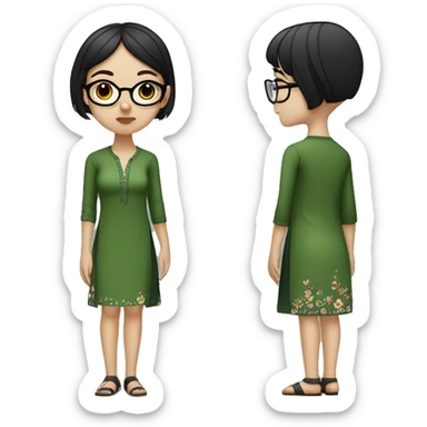 White skinny girl in a green kurta with flower design, glasses, alot of piercing, gay, red lips, nose ring, full body, short straight black edgar hair, black straight hair, front bangs sticker