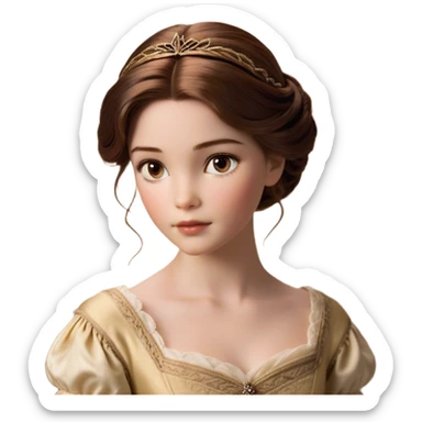 Cinematic Realistic Belle Portrait, depicted with lifelike skin texture, soft natural lighting, and intricately detailed brown hair styled elegantly. Her deep, expressive eyes exude warmth and intelligence, complemented by a serene and graceful expression. She is dressed in her classic attire, with rich fabric textures and delicate folds that catch the light beautifully. The portrait features a soft, enchanting glow with a natural, radiant finish, capturing the essence of timeless beauty in a realistic and painterly style, evoking a sense of depth and authenticity. sticker