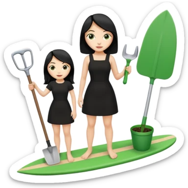 Princess who wearing black dress (woman) black hair holding her phone and a gardening shovel with another hand. She is standing on her feet, there is one green surfing board. sticker