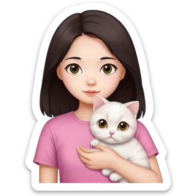 This Chinese girl's got fair skin and big black eyes. She's got long dark brown hair and she's wearing a pink t-shirt. She's holding a white Scottish Fold cat. sticker