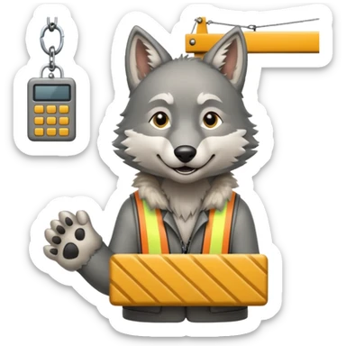  a joyful gray wolf sits on a tower crane and controls it with his paws sticker