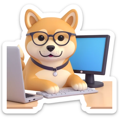 shiba inu with eye glasses and computer sticker