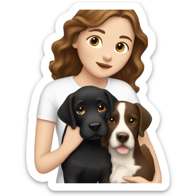 White girl with wavy brown hair holding a black Labrador sticker