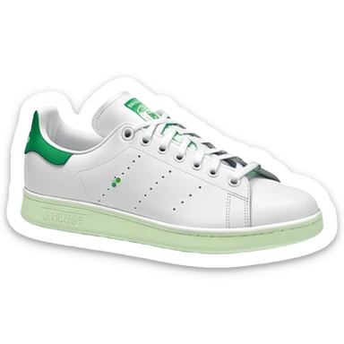 Classic white Adidas Stan Smith sneakers with green heel tab and Adidas logo, three perforated stripes on sides sticker