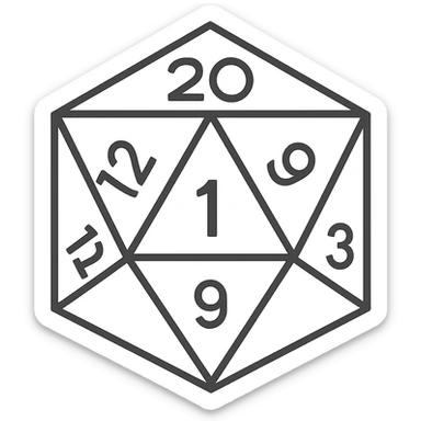 Rotate the D20 dice so the side facing the viewer shows the number 1. Maintain the minimalist style with simple lines, a clean look, and monochrome colors. No background. sticker