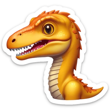 Cinematic Cute Velociraptor Portrait Emoji, Head tilted playfully with a mischievous grin, featuring a compact, agile form with bright, sparkling eyes and a slightly curved snout full of playful charm, Simplified yet irresistibly adorable features, highly detailed, glowing with a warm, inviting prehistoric glow, high shine, affectionate and lively, stylized with a touch of whimsical dinosaur mischief, soft glowing outline, capturing the essence of a mischievous yet endearing Velociraptor that seems as if it could dart out of the screen into your arms! sticker