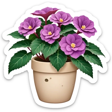 Begonia Rex with dark green leaves, purple edges, white spots in the middle, and prominent spiral centers where leaves grow from, in a beige pot sticker