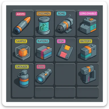 a virtual display, a gray grid with darker gray cells, each cell containing an item viewed in isometric minimalism render The cells have pastel neon colored labels in their upper corner, indicating various traits of the items. retrofuturism, circa 2880's.
The items are scientific and military in nature - varieties of munitions, scientific samples, rations, data storage, utilities. There are two arrays of grids, one left, one right. Each array has a few empty spaces at the bottom. "CAD RENDERED PHOTOREALISM" brutalism. the items are adorned in a combination of  bright colors, neon-safety, early 90's pallet, with muted gray tones in EVEN BALANCE. sticker