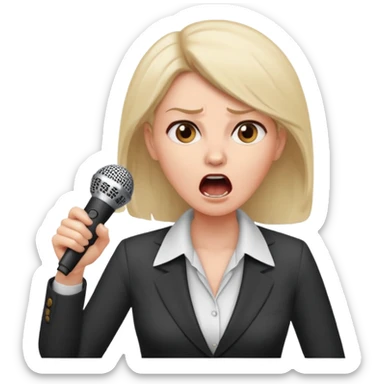 a office woman presenting her idea with microphone
a manager yelling in anger
the office woman stops and fears sticker