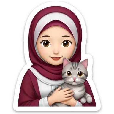 Asian White girl wearing maroon hijab wearing a white dress holding a black grey tabby cat while smiling.  sticker