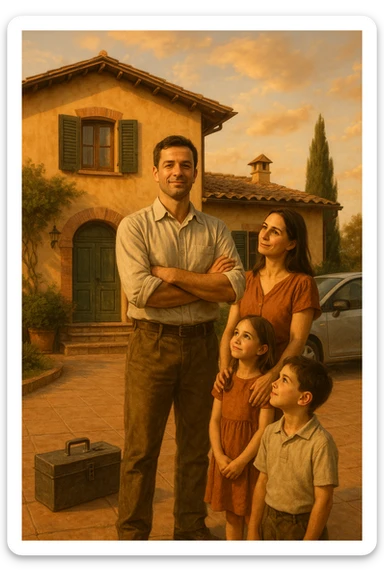 Uomo tra i 35 e i 45 anni, in piedi con postura fiera davanti alla sua casa, circondato dalla famiglia: moglie e figli lo guardano con rispetto e affetto. Indossa abiti semplici ma ordinati, simbolo di lavoro e stabilità (camicia, pantaloni, magari una cassetta degli attrezzi o una valigetta vicino). Sullo sfondo elementi che richiamano i suoi ruoli: casa ordinata, auto familiare, strumenti di lavoro, simboli di protezione e presenza. Espressione serena, forte ma accogliente. Colori caldi, luce naturale del tramonto. Stile realistico, atmosfera rassicurante e simbolica in italia, immagine realistica sticker