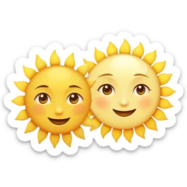 a really bright  big sun and a small moon who shines because of it. the sun is bigger and the tiny \moon bright too beside it smiling looking at each other sticker