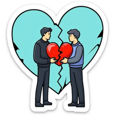 two men gay couple breaking up with a large shattered heart between them sticker