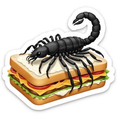 MAKE A SCORPION ON TOP OF A EHITE FLUFFY CLOUD THAT IS HOLDING A SANDWICH IN ITS CLAW AND LOOKING LIKE ITS EATING IT AND ITS NOT ON TOP OF THE SANDWICH ITS HOLDING IT AND NO SANDWICH UNDER ITS FEET sticker