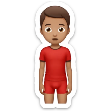 A kid wearing a poopy underwear with a red t-shirt sticker