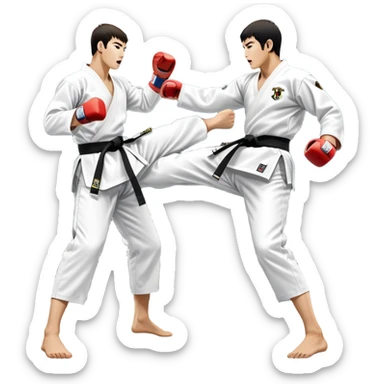 Two taekwondo fighters in traditional white doboks with black belts. One delivers a powerful kick, while the other defends by blocking with his knee. The background shows a professional arena with bright lights and an excited crowd. Transparent background highlights the intense action sticker