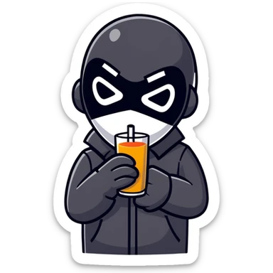 Masked man in dark clothes holding and sipping from a small juice box, comical contrast between serious appearance and childish action sticker