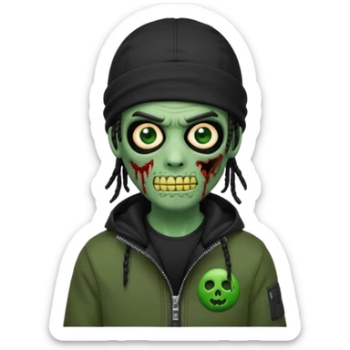 a zombie emoji with black dreads and a black carheartt jacket and black nike ski mask on his head sticker