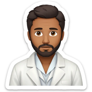 Hombre latino de piel brown, cabello negro ligeramente ondulado, scruff en la barba, con bata blanca abierta sobre camisa clara, expresión serena y mirada enfocada- medico generalista sticker