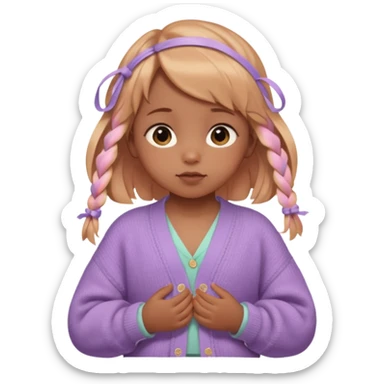 (cinematic macro portrait of baby Skye Newman:1.5), warm glowing brown baby skin with tiny twists tied in pastel ribbons, wearing a cozy oversized cardigan  sticker
