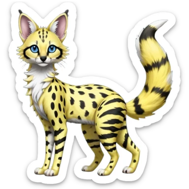 Edgy cool beautiful elegant spotted hype-realistic, black-maned, vibrant yellow Genet-Serval-Sergal-Margay-Fox-fusion-hybrid-furry-fursona, full body, with a long puffy fluffy black-and-white-striped tail, black long big ears, with natural blue eyes sticker