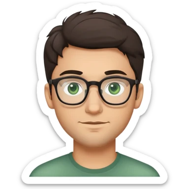 young man with dark poofier slightly curled hair wearing glasses with green eyes and very light stubble, minimal facial hair, with a slight smile sticker