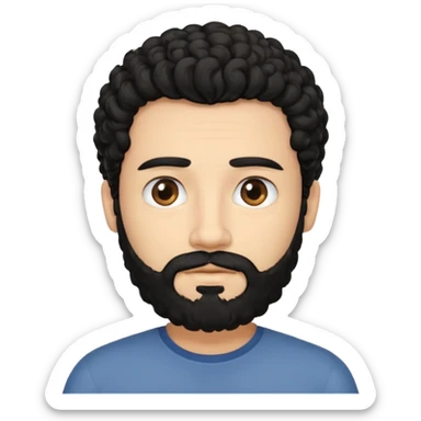 This is a cartoon-style avatar of a man with curly black hair, a beard, and a calm expression sticker