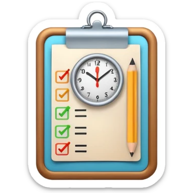 modern emoji-style icon with a checklist and a clock, arranged simply to convey time management and preparation for a test, minimalist, educational sticker