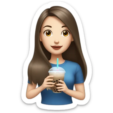 a brunette white girl with long straight hair holding an ipad and bubble tea sticker