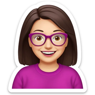 50 yr Caucasian woman, long dark brown hair parted on side, brown eyes, brown glasses, big smile, white teeth, fuscia sweater, chubby,  sticker