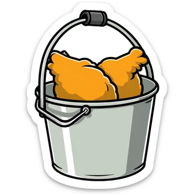 fried chicken much bigger than the silver steel bucket, slightly angled side perspective sticker