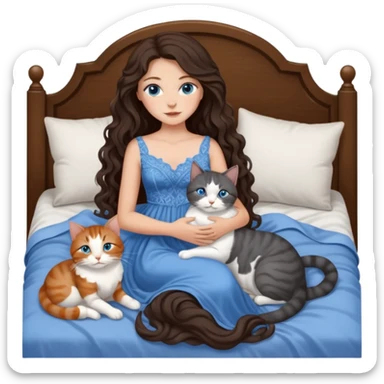 detailed realistic looking a dark grey and white cat regally laying with six other cats, cuddling with their owner in bed who is a pretty bratz lightly tanned white girl with long dark brown hair, blue eyes and gorgeous long wavy hair wearing a pretty detailed dress sticker