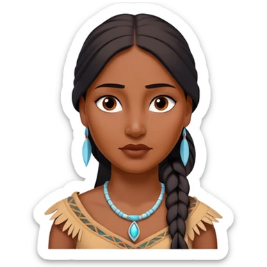 Cinematic Realistic Pocahontas Portrait, depicted with lifelike skin texture, soft natural lighting, and intricately detailed long, flowing raven-black hair that moves gracefully in the wind. Her deep, soulful dark brown eyes exude wisdom and strength, complemented by a serene yet powerful expression. She is shown gently holding a feather in one hand, her other hand resting lightly at her side, embodying the harmonious balance between nature and herself. She is dressed in her classic one-shoulder native American dress, with rich fabric textures and delicate beaded details that catch the light beautifully. The portrait features a soft, sun-kissed glow with a natural, radiant finish, capturing the essence of untamed beauty and deep connection to nature in a realistic and painterly style, evoking a sense of depth and authenticity. sticker