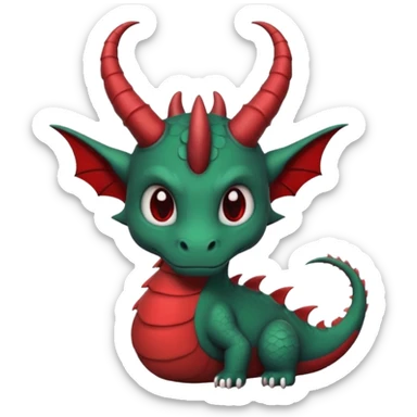 cute-but-dark dragon emoji, Burtonesque gothic illustration,  muted palette with single accent (blood red or emerald), spiral horns, simple silhouette readable at 72x72, hand-drawn texture, minimal details, round sticker composition, --ar 1:1 sticker