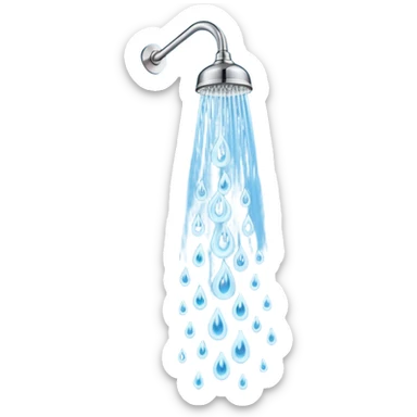 Simple silver shower head outline with three thick blue vertical water streams and two small white steam wisps, bold lines, flat colors sticker