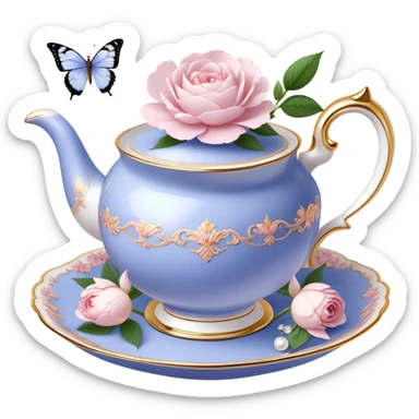 A luxurious Victorian tea set with gold accents, featuring a porcelain teacup filled with herbal tea, surrounded by scattered blush pink rose petals and white peony blossoms, with a periwinkle-tinted pearl butterfly perched on the rim. sticker