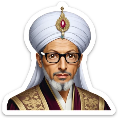 Jeff Goldblum without glasses as a regal portrait dressed as _cinematic-realistic-portrait-of-suleiman-the-magnificent,-depicted-as-a-regal-ottoman-sultan-adorned-with-a-large,-white,-round,-tall-turban-and-a-majestic-grey-beard,-his-commanding-gaze-bathed-in-warm,-historic-lighting-that-exudes-timel sticker