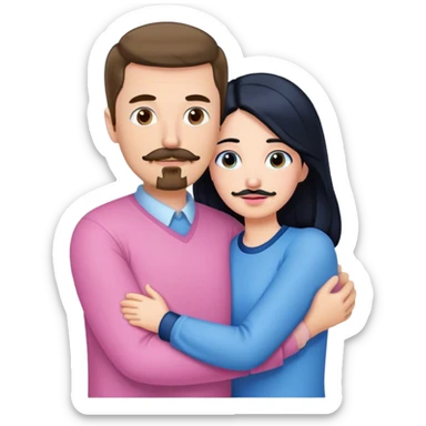 Tall white man with brown mustache goatee wearing blue AND a short pale woman with long black hair wearing pink, hugging sticker