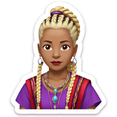 African american 57yr old woman, dark brown skinned woman who is 5ft 6in with a blonde and black mohawk of individual braids, with low haircut  shaved sides, 
wearing a purple,  gold and red dashiki wearing royalty jewelry sticker