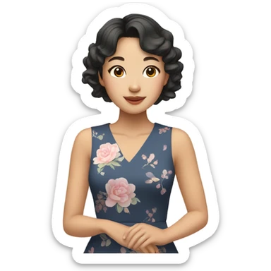 Asian girl with natural makeup,short wavy hair with side bangs in cute dress sticker