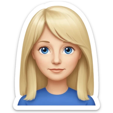 50 yr old white woman, curtain bangs, very long straight blond hair, oval face, small smile, blue eyes, thin face, hair down to elbows, round cheeks, pale, longer hair sticker
