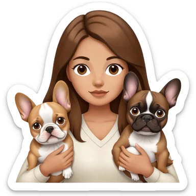 A girl with long brown hair is holding two French bulldogs, one beige and one black sticker